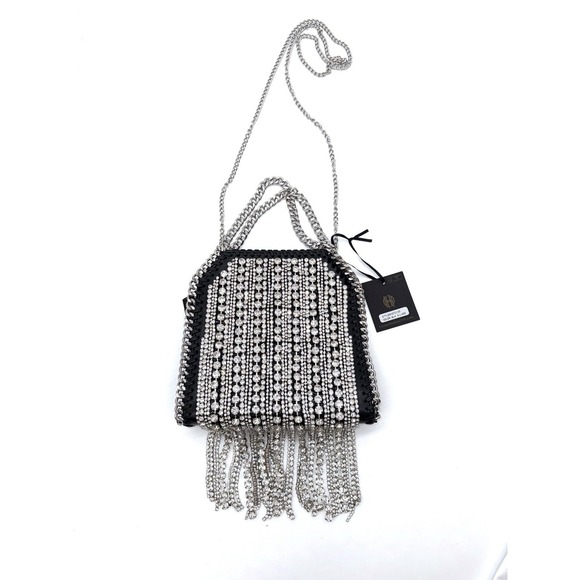 NEW Crystal Waterfall Fringe HOUSE OF HARLOW 1960 Black Tote Shoulder Purse NWT - Picture 4 of 11